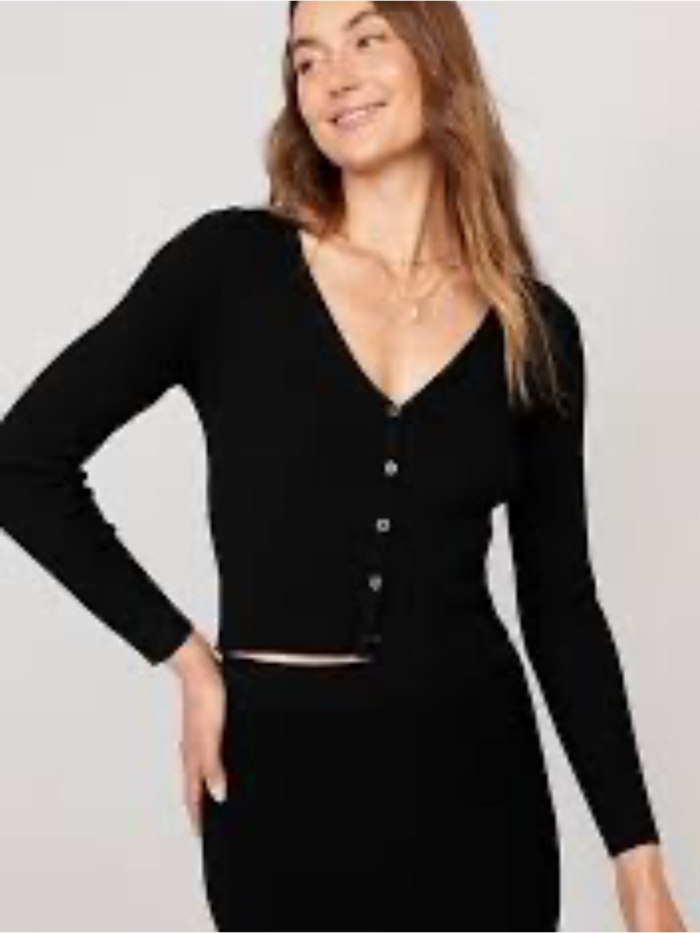 Old Navy black V neck ribbed knit long sleeve cropped cardigan size Small Petite